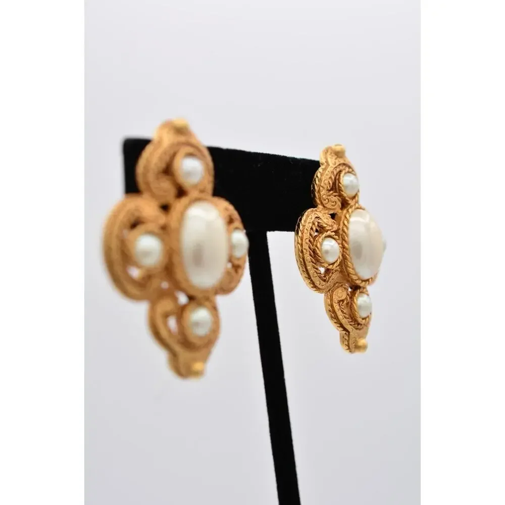 DKNY Vintage Clip On Earrings Maltese Brushed Antiqued Gold Pearl Signed BinAO
